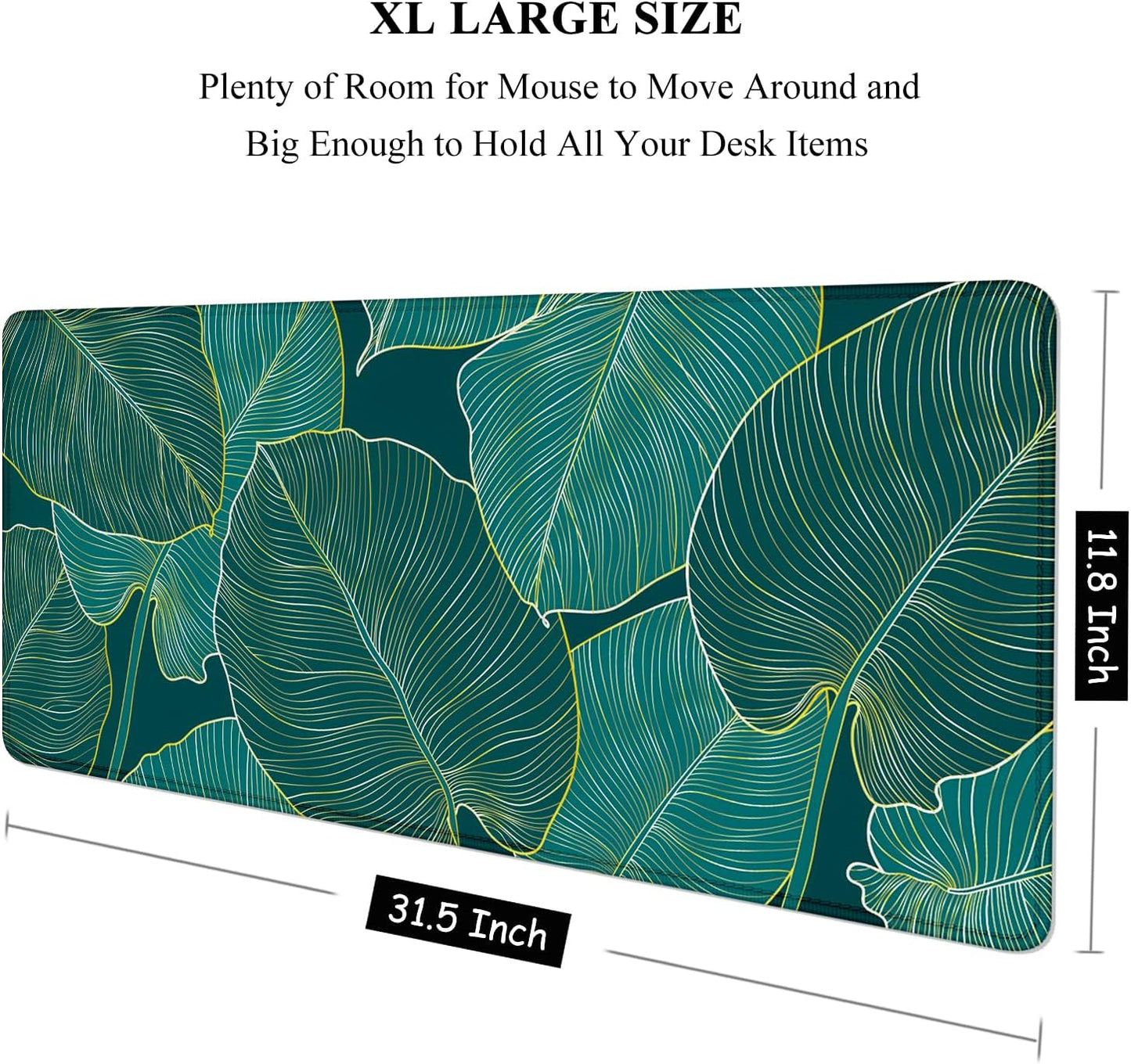XL Extended Gaming Mouse Pad - 31.5 x 11.8 Inch Waterproof Desk Mat with Stitched Edges and Non-Slip Base, Teal Tropical Leaves Design for Office and Home Use
