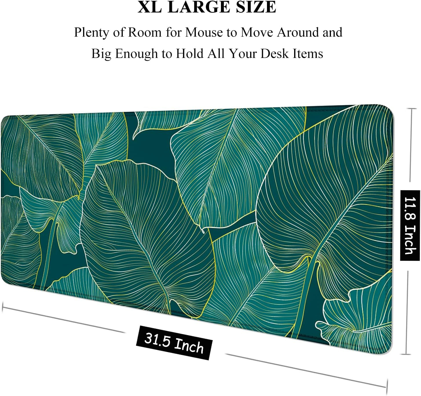 XL Extended Gaming Mouse Pad - 31.5 x 11.8 Inch Waterproof Desk Mat with Stitched Edges and Non-Slip Base, Teal Tropical Leaves Design for Office and Home Use