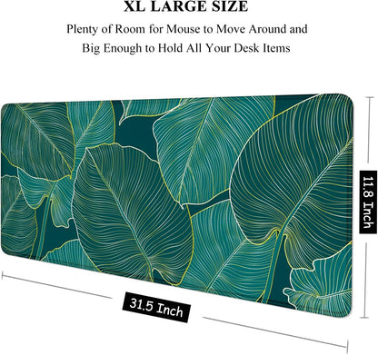 XL Extended Gaming Mouse Pad - 31.5 x 11.8 Inch Waterproof Desk Mat with Stitched Edges and Non-Slip Base, Teal Tropical Leaves Design for Office and Home Use