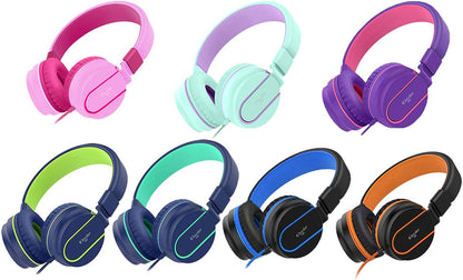 I36 Foldable Adjustable Kids Headphones for Boys and Girls - Compatible with 3.5mm Devices including Cellphones, Computers, and Tablets - Purple/Red