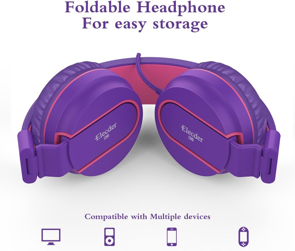I36 Foldable Adjustable Kids Headphones for Boys and Girls - Compatible with 3.5mm Devices including Cellphones, Computers, and Tablets - Purple/Red