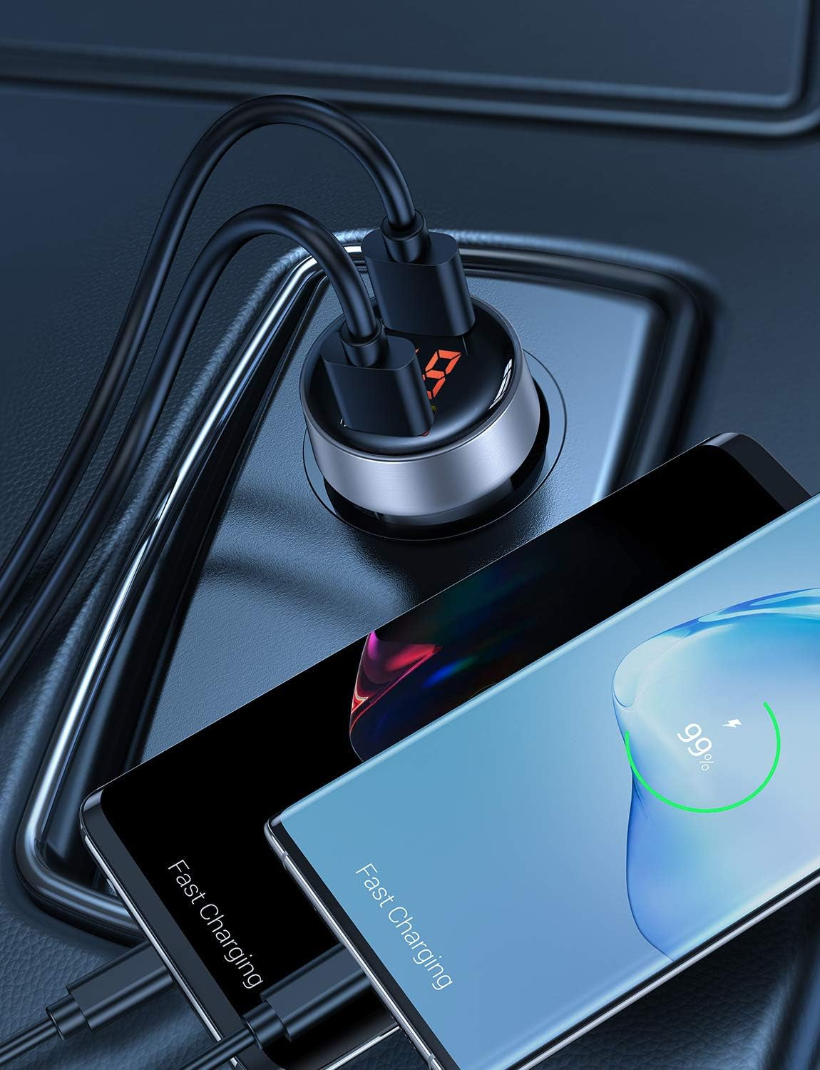 Dual QC3.0 6A/36W USB Car Charger Adapter with Voltage Display, All-Metal Design, Compatible with iPhone 11/11 Pro/Xr/X/Xs/8 and Galaxy Note 8/S9/S10+/S8 - Silver