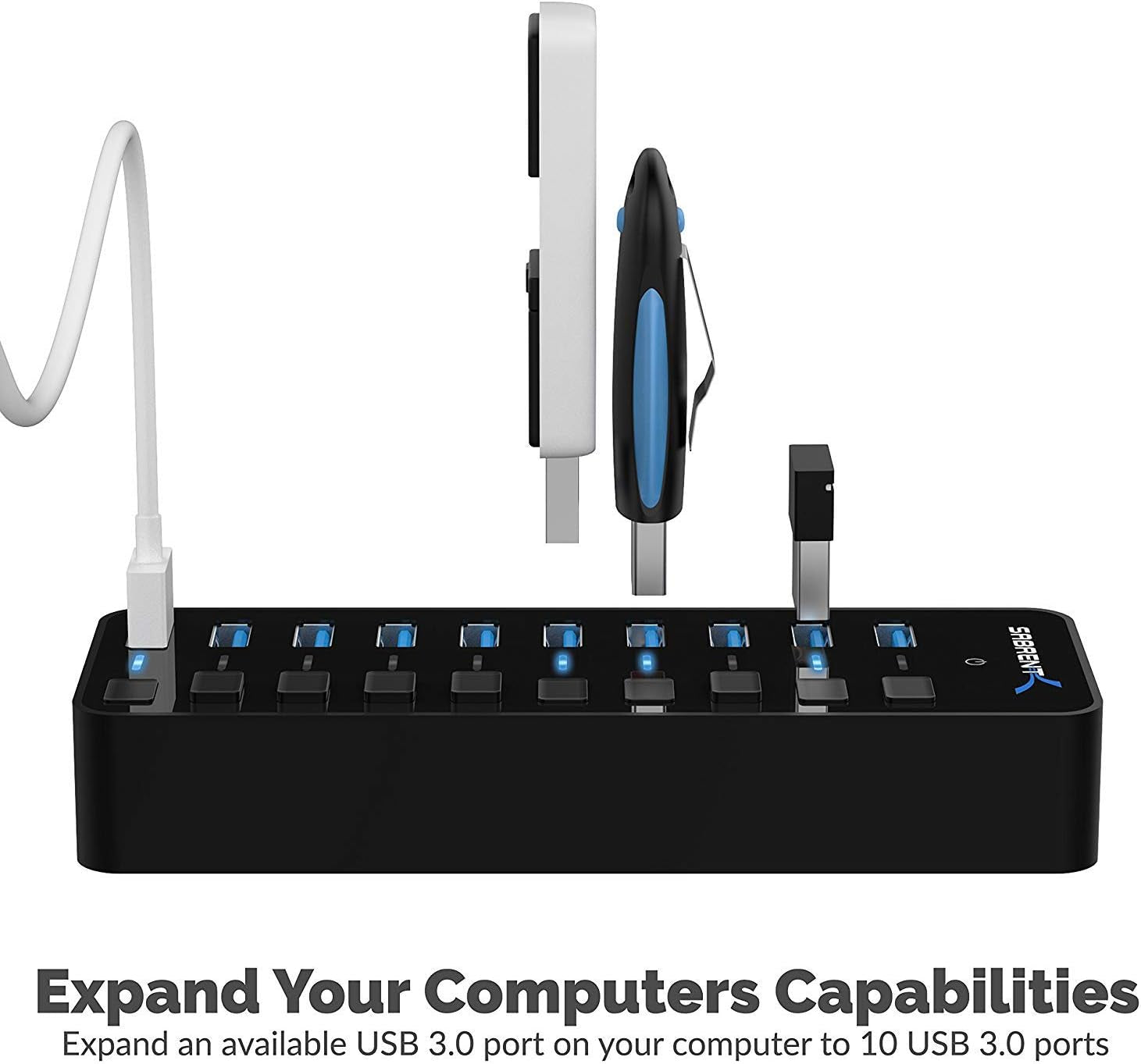 10-Port USB 3.0 Hub with Individual Power Switches and LEDs, Featuring 60W 12V/5A Power Adapter (Model HB-BU10)
