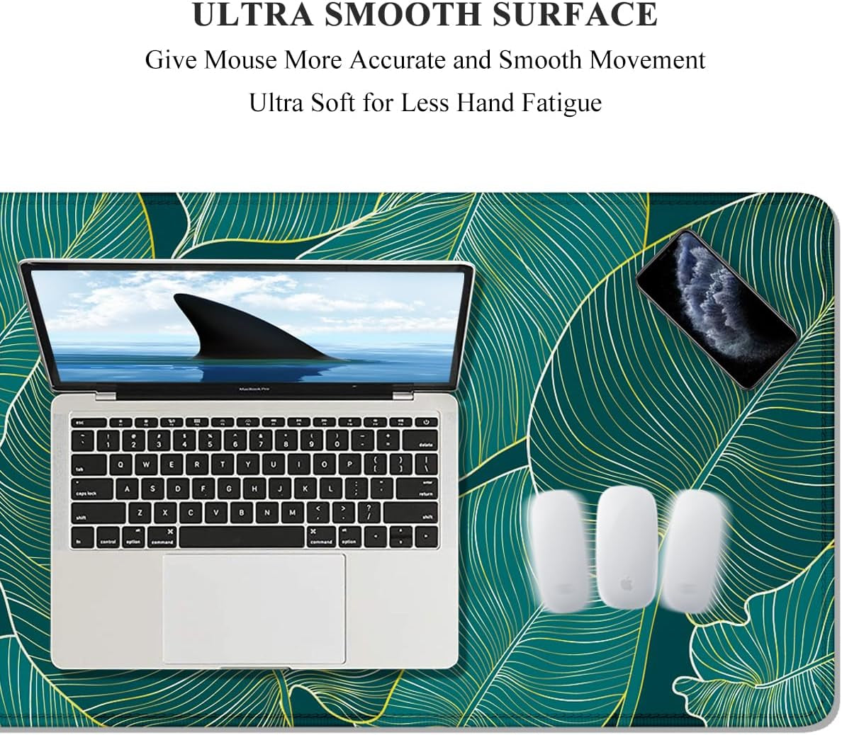 XL Extended Gaming Mouse Pad - 31.5 x 11.8 Inch Waterproof Desk Mat with Stitched Edges and Non-Slip Base, Teal Tropical Leaves Design for Office and Home Use