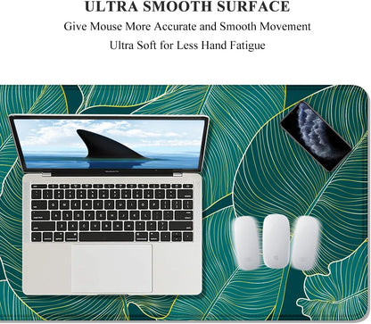 XL Extended Gaming Mouse Pad - 31.5 x 11.8 Inch Waterproof Desk Mat with Stitched Edges and Non-Slip Base, Teal Tropical Leaves Design for Office and Home Use