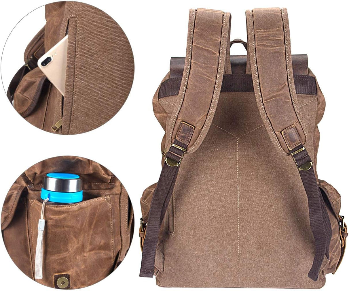 Men's Leather and Waxed Canvas Travel Backpack with Shoulder Strap