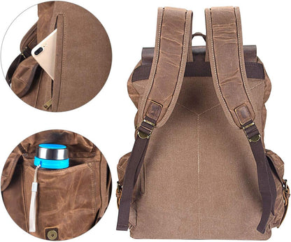 Men's Leather and Waxed Canvas Travel Backpack with Shoulder Strap