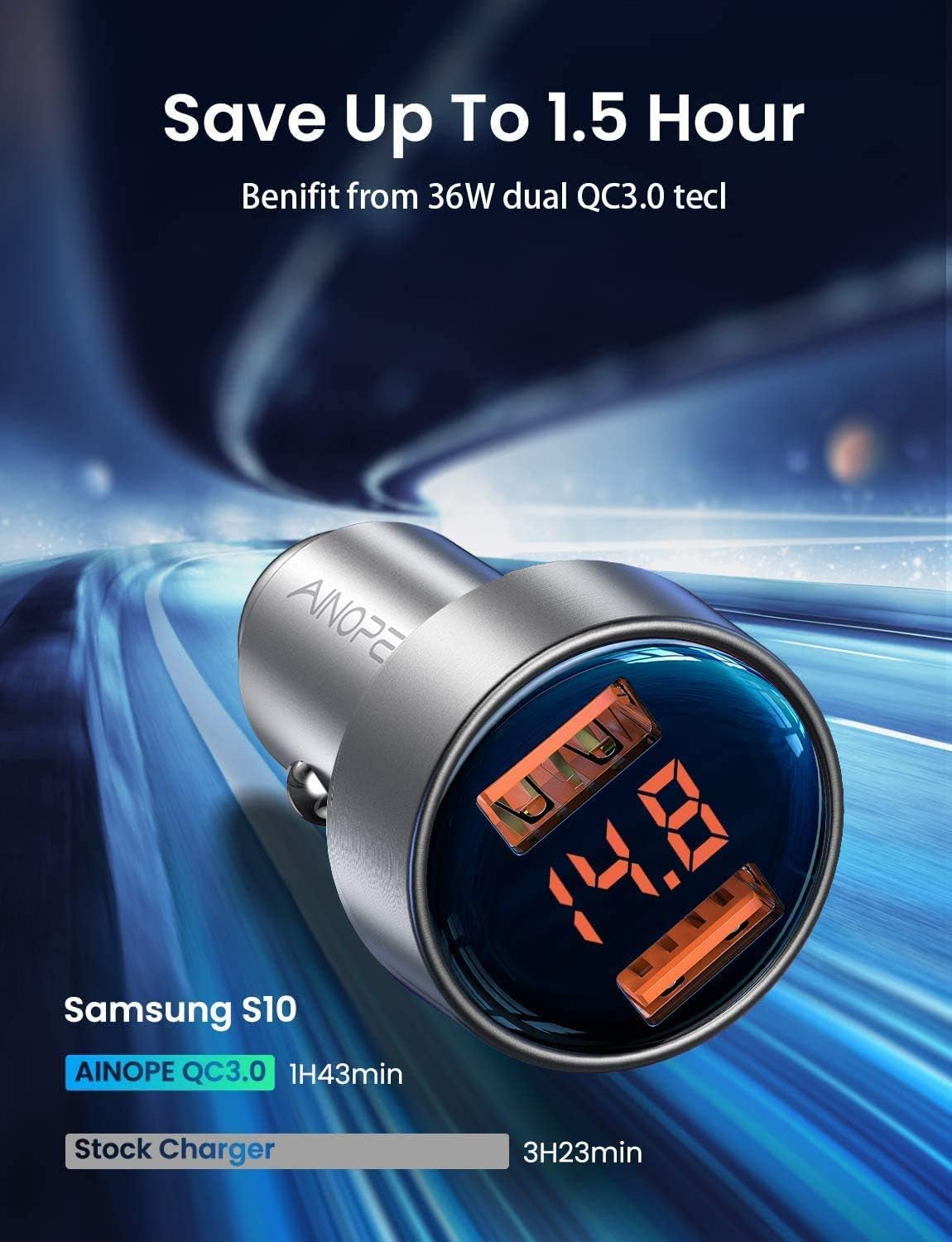 Dual QC3.0 6A/36W USB Car Charger Adapter with Voltage Display, All-Metal Design, Compatible with iPhone 11/11 Pro/Xr/X/Xs/8 and Galaxy Note 8/S9/S10+/S8 - Silver