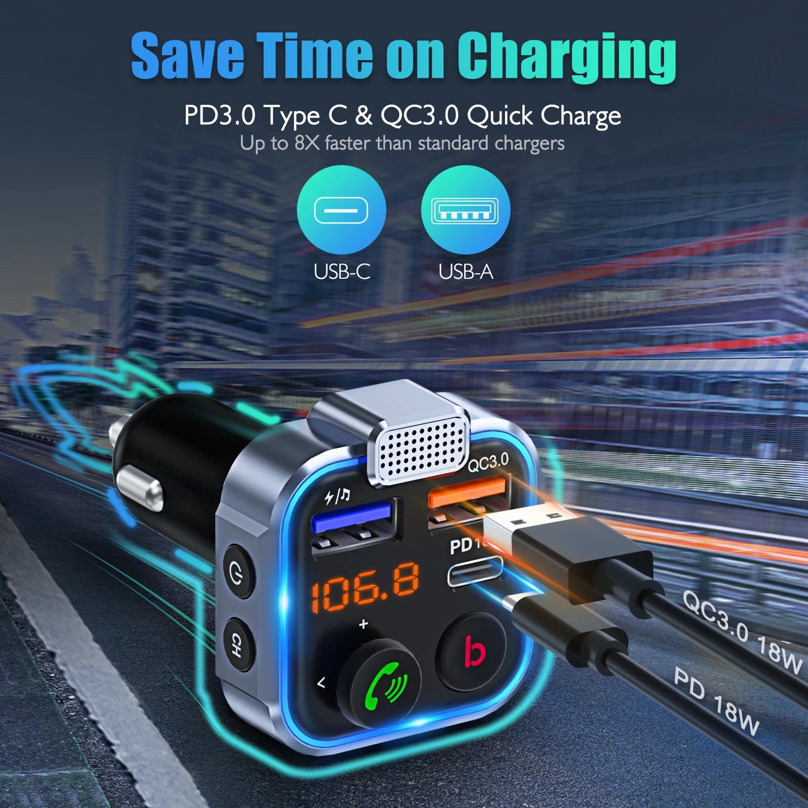 Wireless Bluetooth 5.0 FM Transmitter Car Kit with Type-C PD 20W and QC3.0 Fast USB MP3 Player