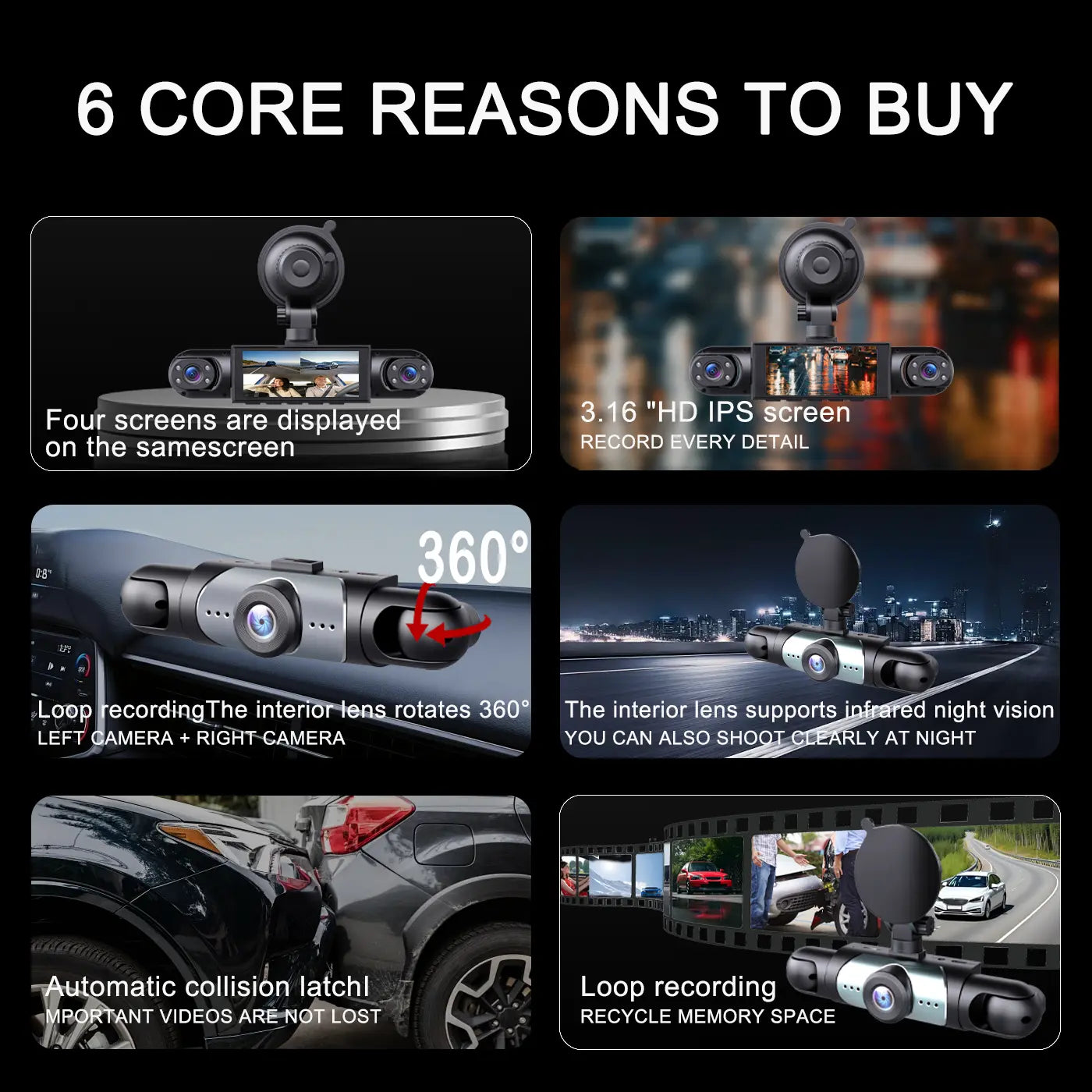 BCUOZ 4-Channel Dash Cam - 1080P Full HD Front + 720P Rear Coverage, Super Night Vision, G-Sensor, Includes Free 64GB Memory Card, 24H Parking Mode, Non-Wireless