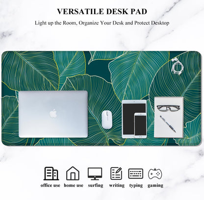 XL Extended Gaming Mouse Pad - 31.5 x 11.8 Inch Waterproof Desk Mat with Stitched Edges and Non-Slip Base, Teal Tropical Leaves Design for Office and Home Use