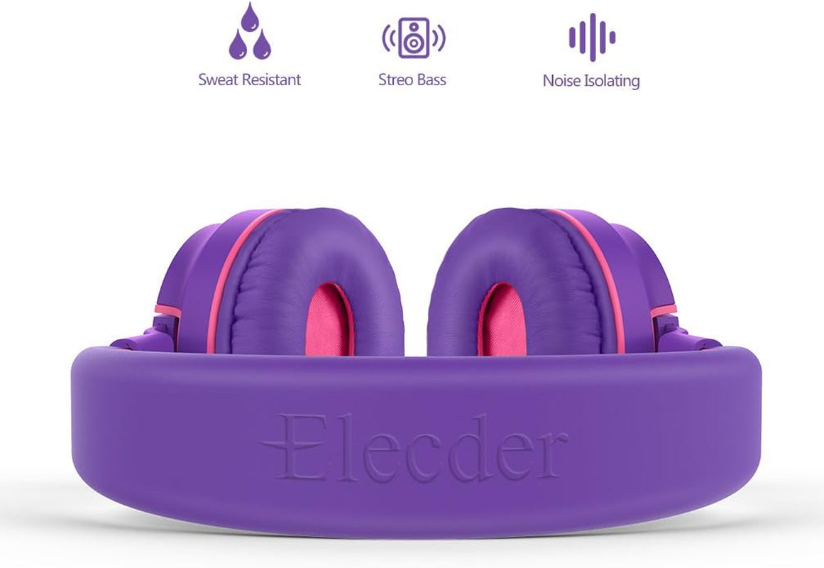 I36 Foldable Adjustable Kids Headphones for Boys and Girls - Compatible with 3.5mm Devices including Cellphones, Computers, and Tablets - Purple/Red