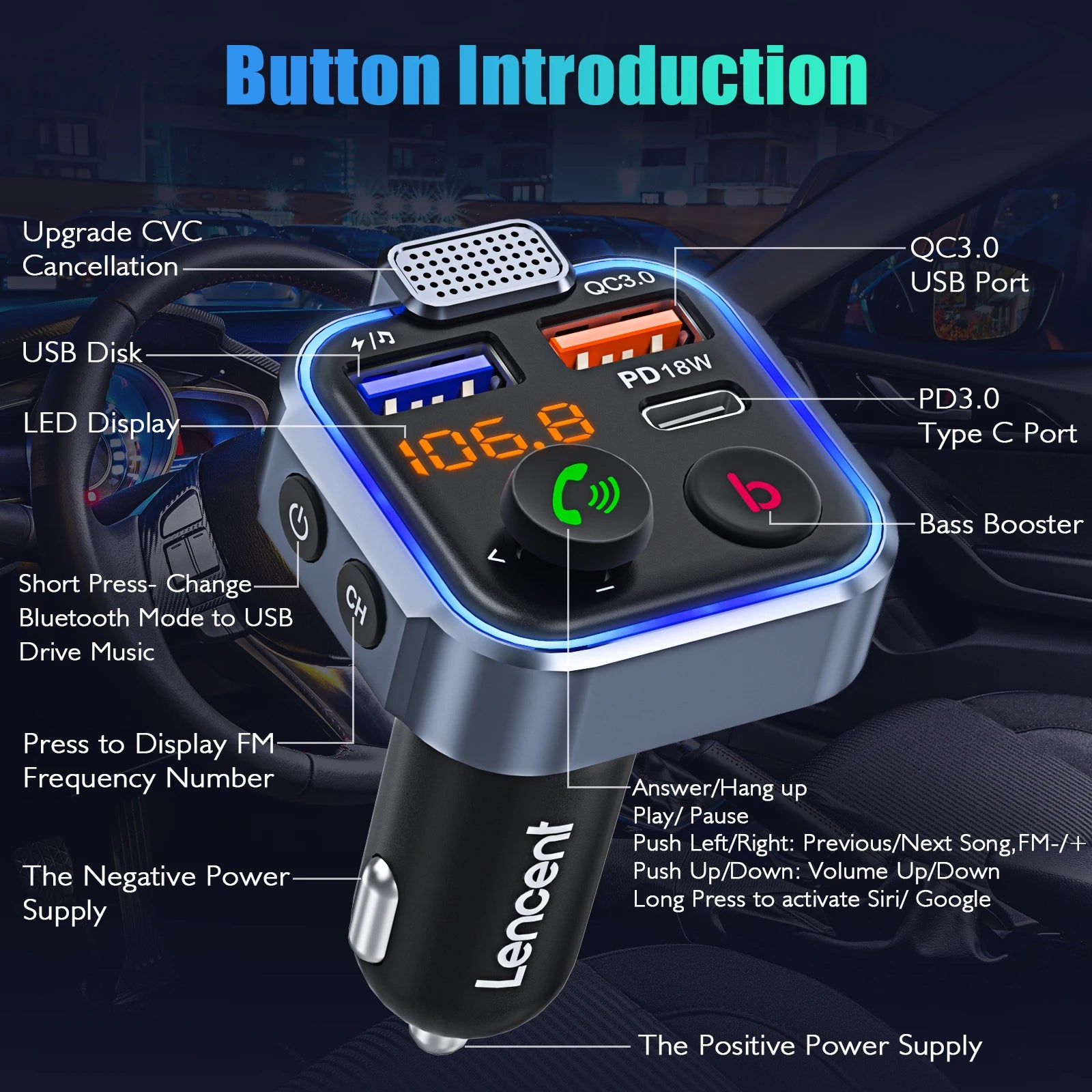 Wireless Bluetooth 5.0 FM Transmitter Car Kit with Type-C PD 20W and QC3.0 Fast USB MP3 Player