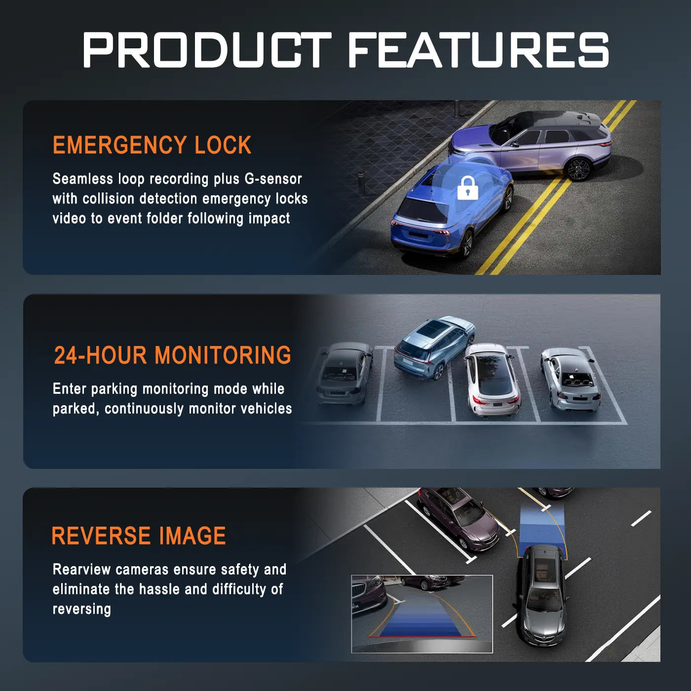 BCUOZ 4-Channel Dash Cam - 1080P Full HD Front + 720P Rear Coverage, Super Night Vision, G-Sensor, Includes Free 64GB Memory Card, 24H Parking Mode, Non-Wireless