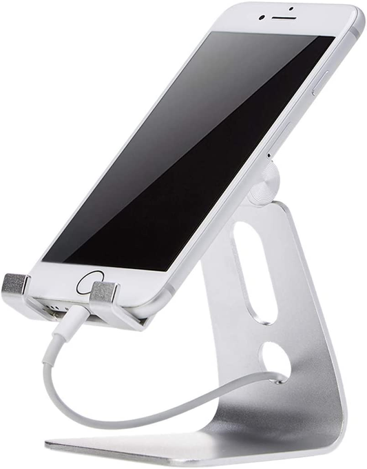 Adjustable Aluminum Desktop Phone Stand for iPhone and Android - Hands-Free Viewing with Adjustable Angle, 3.15 x 2.87 x 3.74 Inches, Silver