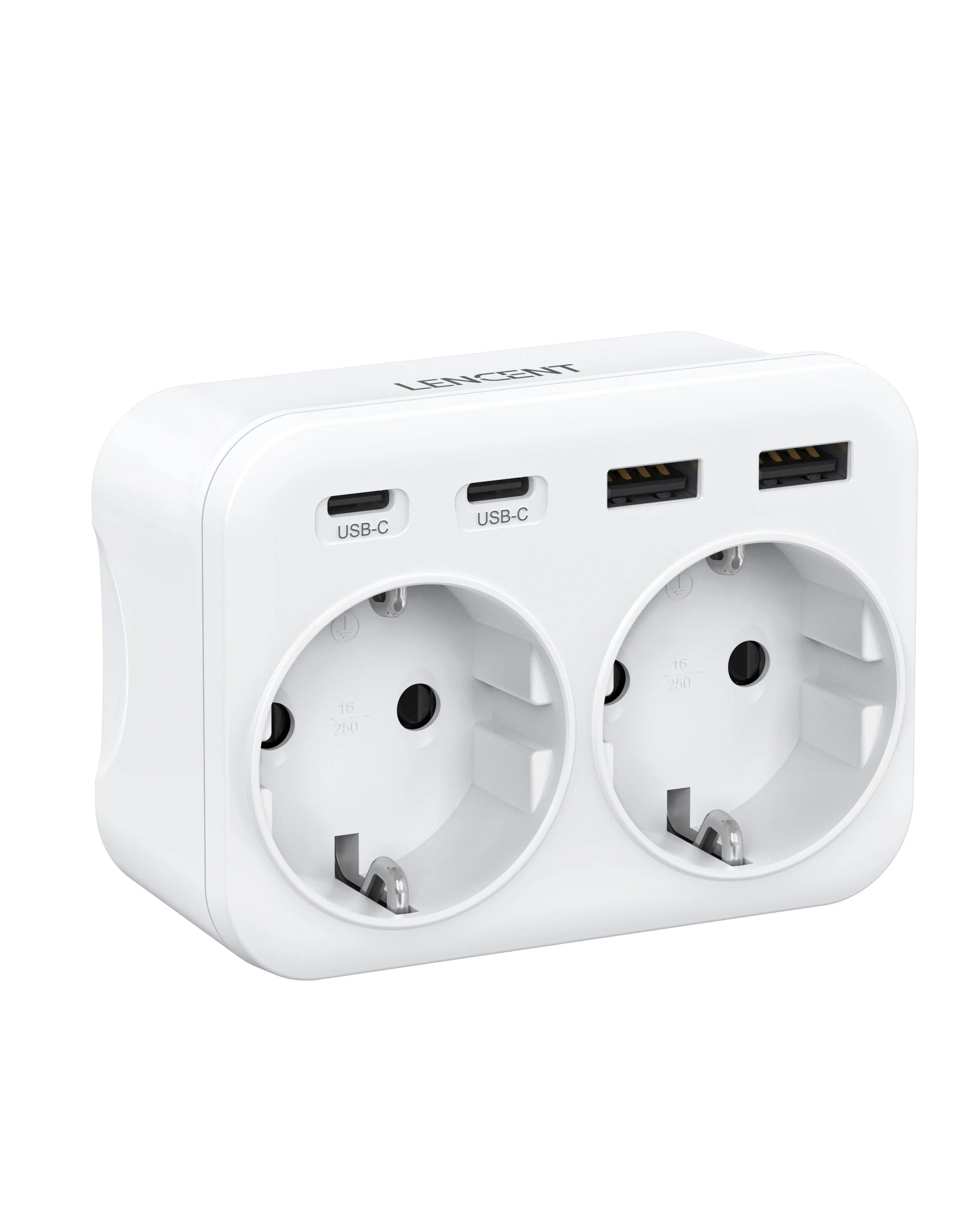 LENCEN EU Wall Socket Extender with Dual AC Outlets, Three USB Ports, and 5V 2.4A Type-C Power Charger Adapter featuring Overload Protection for Home and Office Use