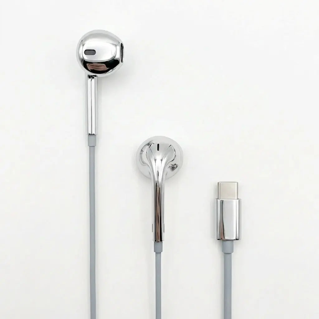 Chrome-Finished Wired Earbuds - Functional Type C, Lightning, 3.5mm, Trendy Y2K Design