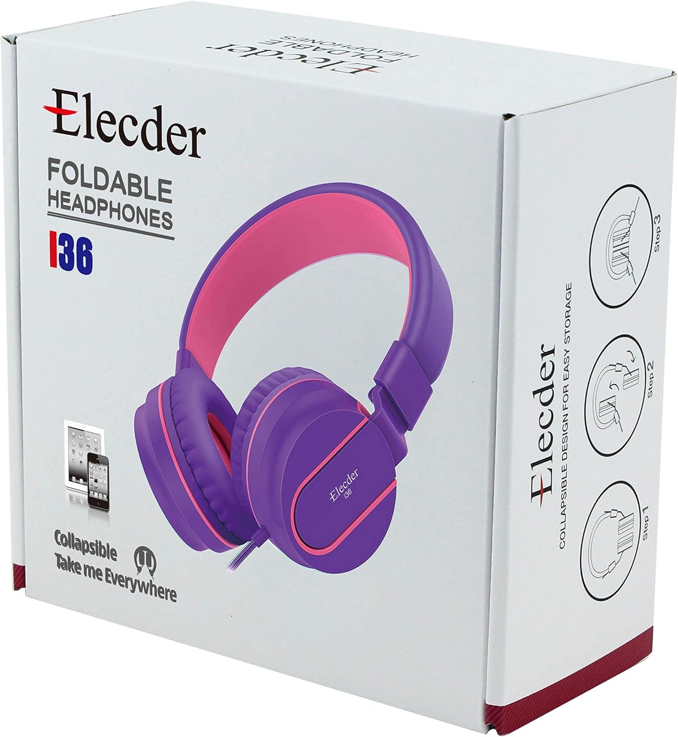 I36 Foldable Adjustable Kids Headphones for Boys and Girls - Compatible with 3.5mm Devices including Cellphones, Computers, and Tablets - Purple/Red