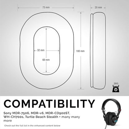 Replacement Earpads for Sony MDR 7506 Headphones - Premium Vegan Leather with Memory Foam for Enhanced Comfort and Durability, Compatible with Steelseries Arctis, ATH-M50X, and More