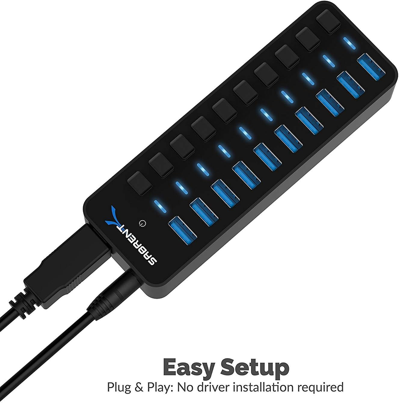 10-Port USB 3.0 Hub with Individual Power Switches and LEDs, Featuring 60W 12V/5A Power Adapter (Model HB-BU10)