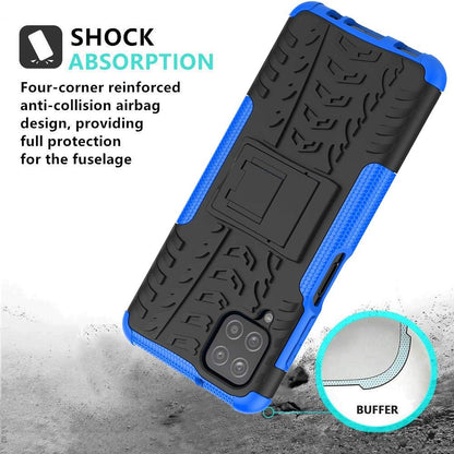 Samsung Galaxy A12 Rugged Dual Layer Protective Case with HD Screen Protector and Kickstand - Shockproof Design (Blue)
