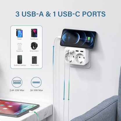 LENCEN EU Wall Socket Extender with Dual AC Outlets, Three USB Ports, and 5V 2.4A Type-C Power Charger Adapter featuring Overload Protection for Home and Office Use