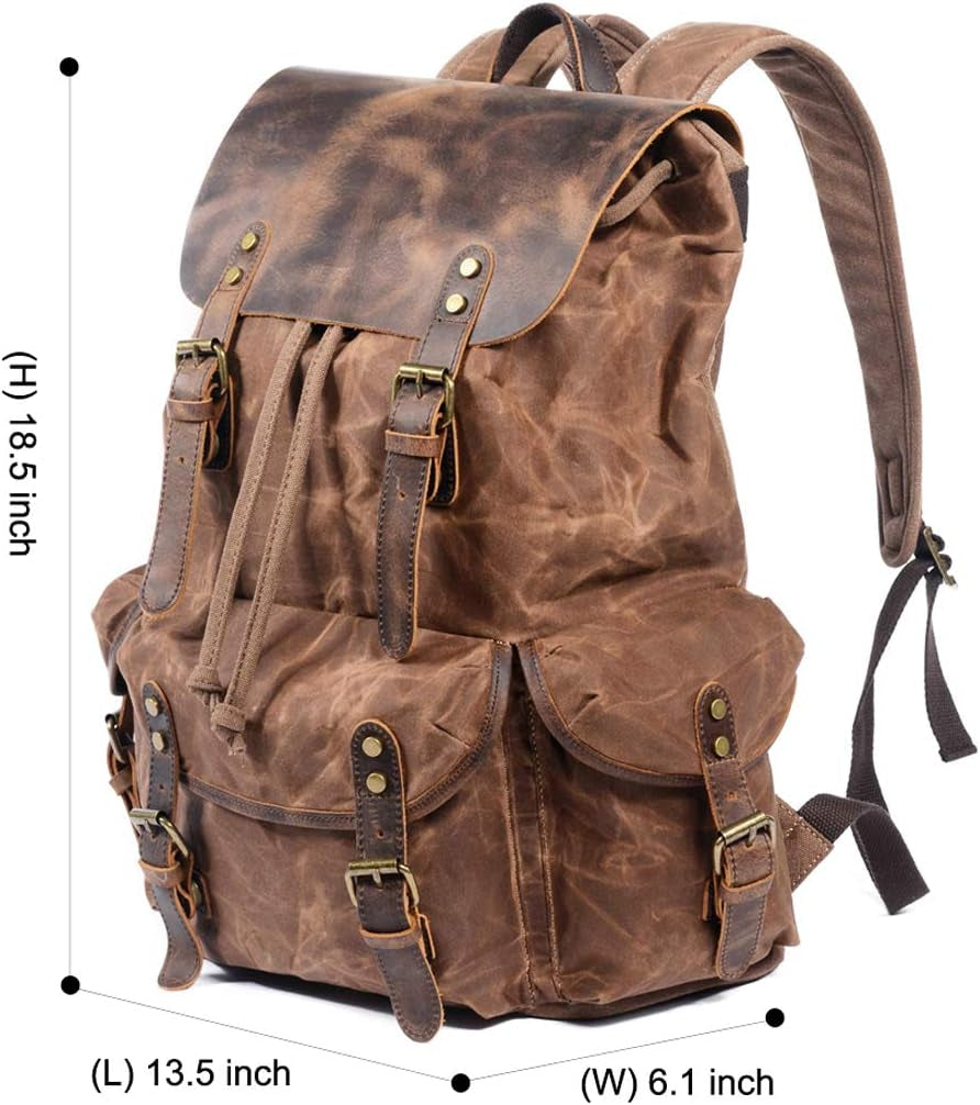 Men's Leather and Waxed Canvas Travel Backpack with Shoulder Strap