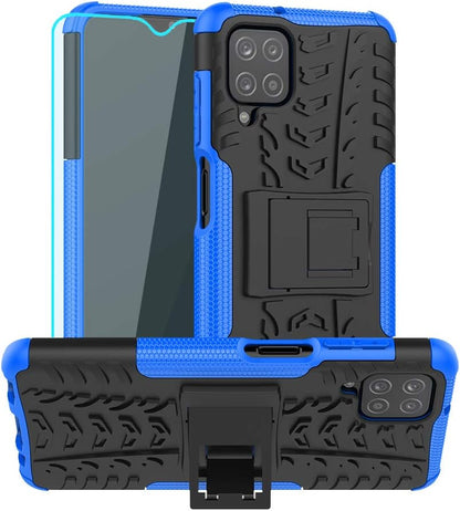 Samsung Galaxy A12 Rugged Dual Layer Protective Case with HD Screen Protector and Kickstand - Shockproof Design (Blue)