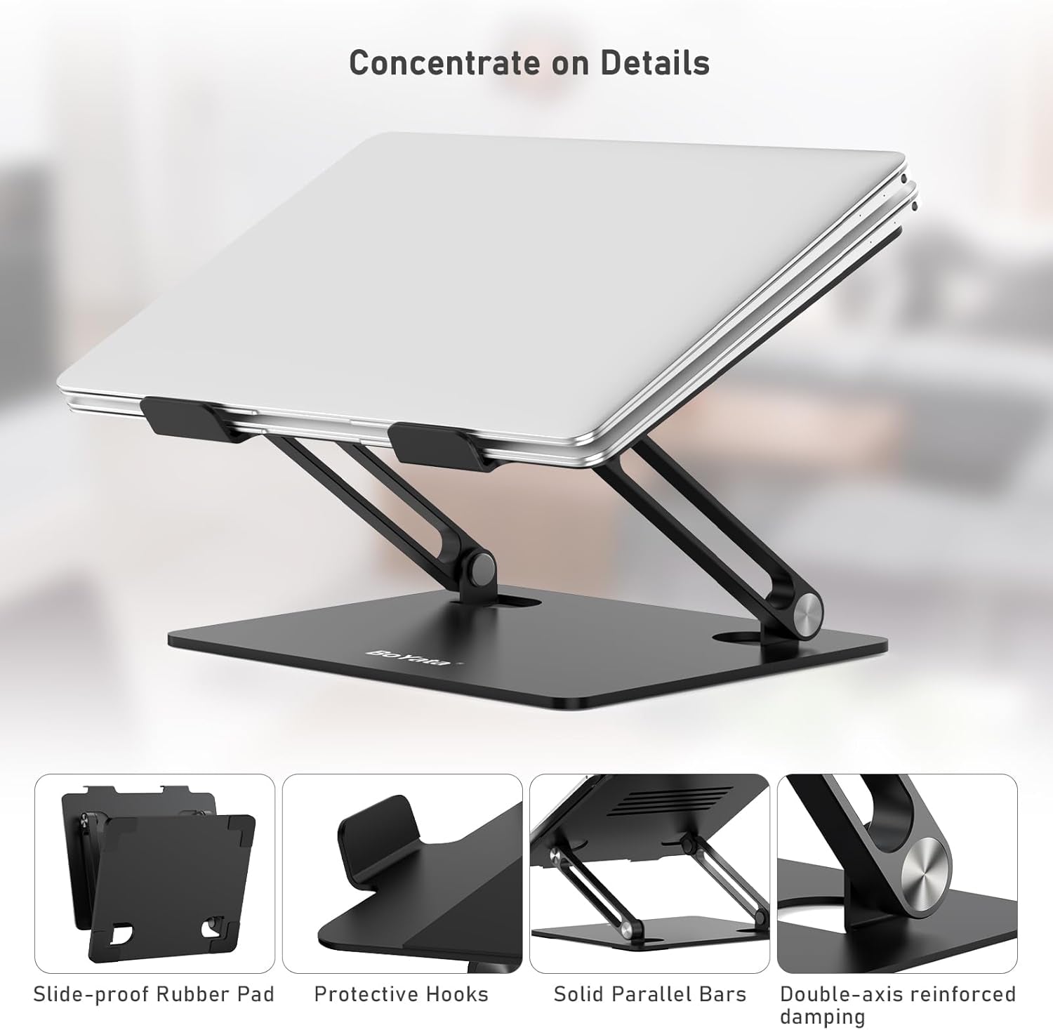 Adjustable Laptop Stand with Non-Slip Silicone and Protective Hooks, Compatible with Laptops up to 17 Inches, Ideal for MacBook - Black