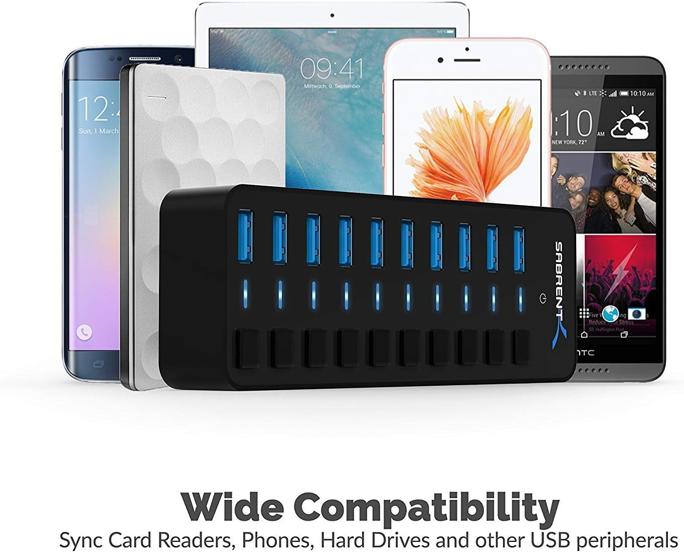 10-Port USB 3.0 Hub with Individual Power Switches and LEDs, Featuring 60W 12V/5A Power Adapter (Model HB-BU10)