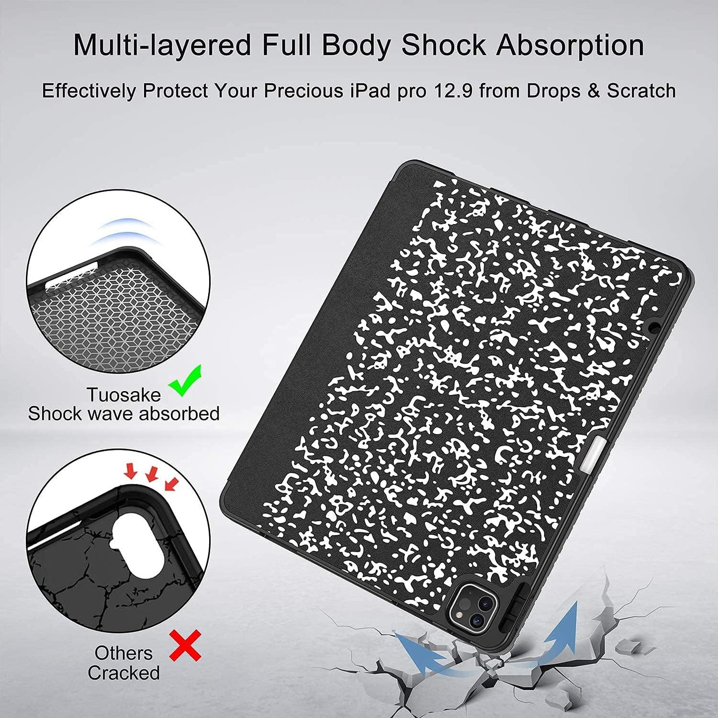 iPad Pro 12.9 Case (2021/2022, 5th/6th Generation) with Pencil Holder, Slim Lightweight Trifold Stand, Soft TPU Back Cover with Pencil Charging and Auto Sleep/Wake Function