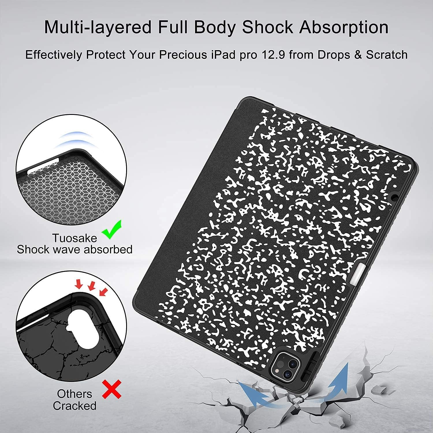 iPad Pro 12.9 Case (2021/2022, 5th/6th Generation) with Pencil Holder, Slim Lightweight Trifold Stand, Soft TPU Back Cover with Pencil Charging and Auto Sleep/Wake Function