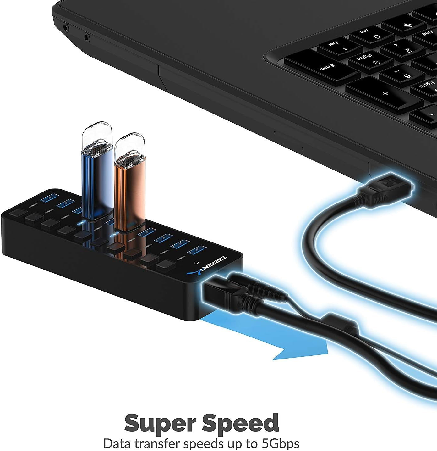 10-Port USB 3.0 Hub with Individual Power Switches and LEDs, Featuring 60W 12V/5A Power Adapter (Model HB-BU10)