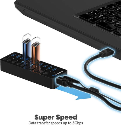 10-Port USB 3.0 Hub with Individual Power Switches and LEDs, Featuring 60W 12V/5A Power Adapter (Model HB-BU10)