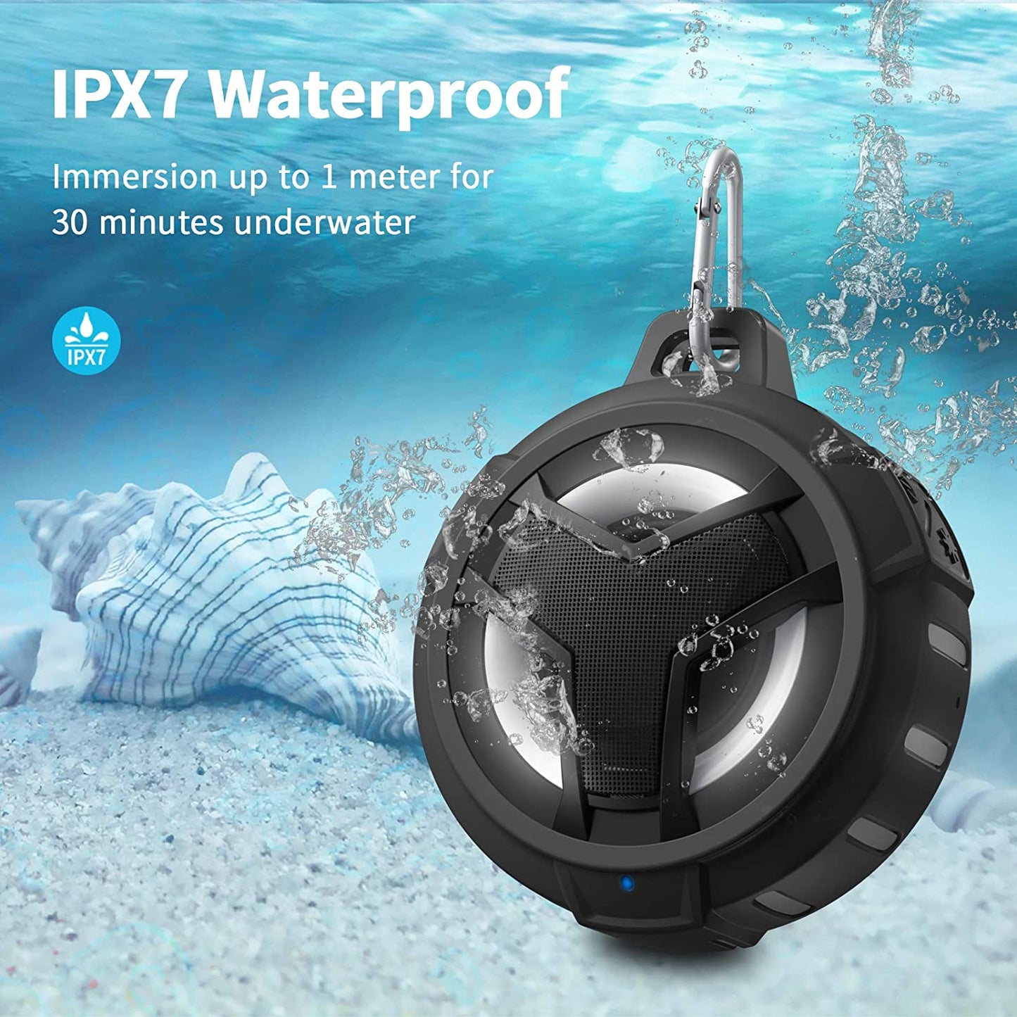 Bluetooth Shower Speaker - Portable IP67 Waterproof Wireless Speaker with LED Light, Floating Design, 2000mAh Battery, True Wireless Stereo for Kayaking and Beach Use - Black