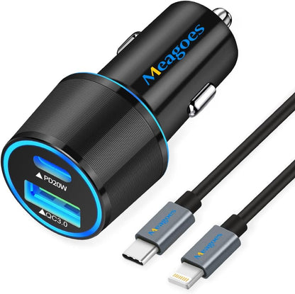 20W USB-C Car Charger with PD Rapid Charging Adapter and MFi Certified Type C to Lightning Cable (3-3.3Ft) - Compatible with Apple iPhone 14 Pro Max/14 Pro/14 Plus/14/13/12/Mini/11/Xs/Xr/X/8 Plus/SE 3