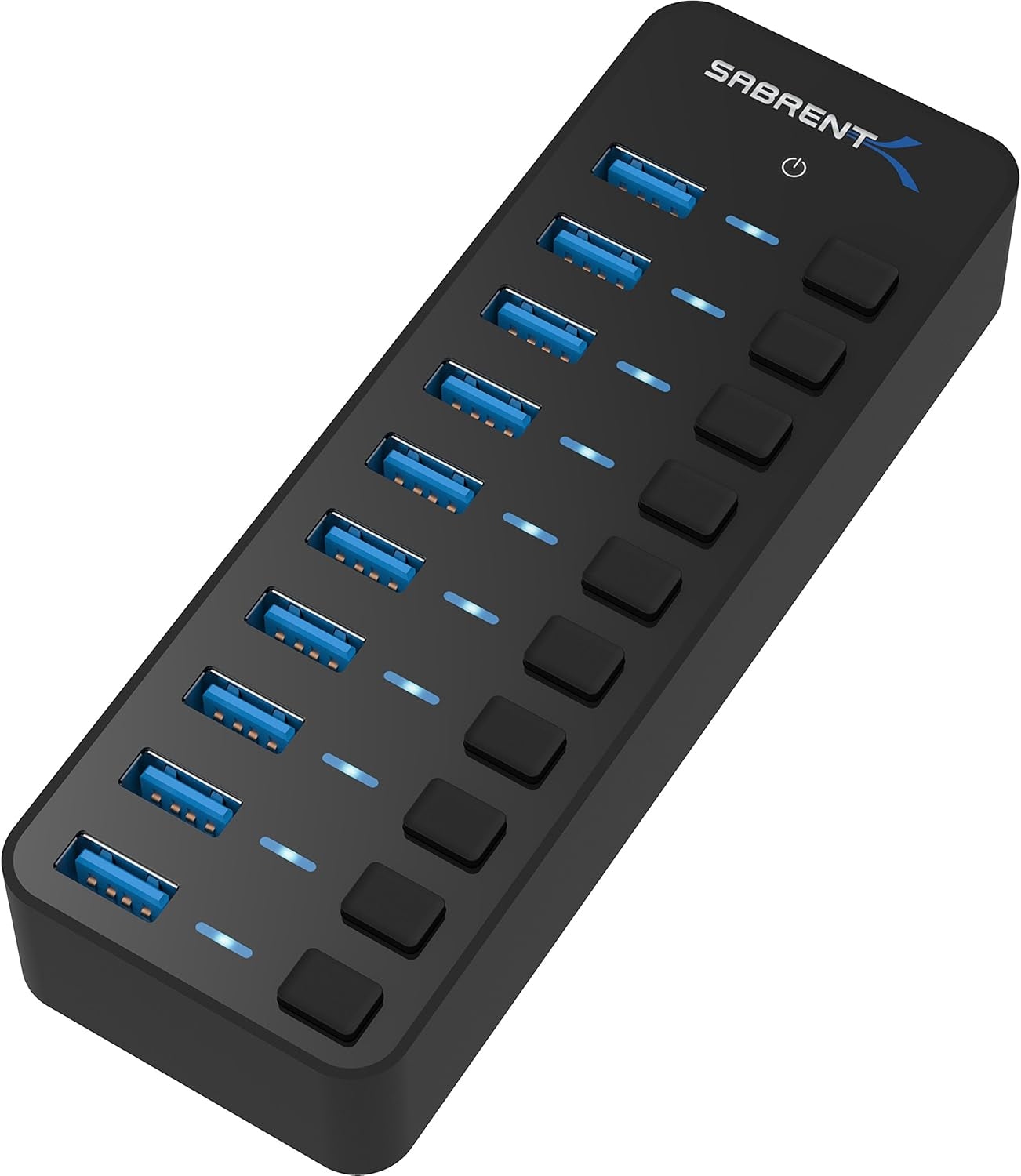 10-Port USB 3.0 Hub with Individual Power Switches and LEDs, Featuring 60W 12V/5A Power Adapter (Model HB-BU10)