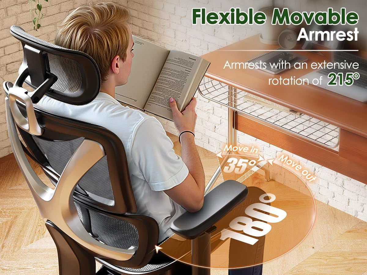 Ergonomic Mesh Office Chair for Big and Tall Users with Lumbar Support, 3D Adjustable Armrests, 215° Rotation, Adjustable Headrest, and Comfortable Seat, Supports Up to 350 lbs, Ideal for Work and Gaming, Grey