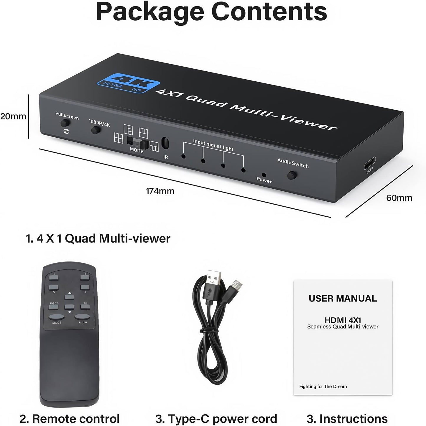 ACHAVE 4x1 HDMI Multiviewer Switch - Quad Multi-Viewer with Seamless Switching, Remote Control, 1080P/4K Resolution, and Five Display Modes for Security and Gaming Applications