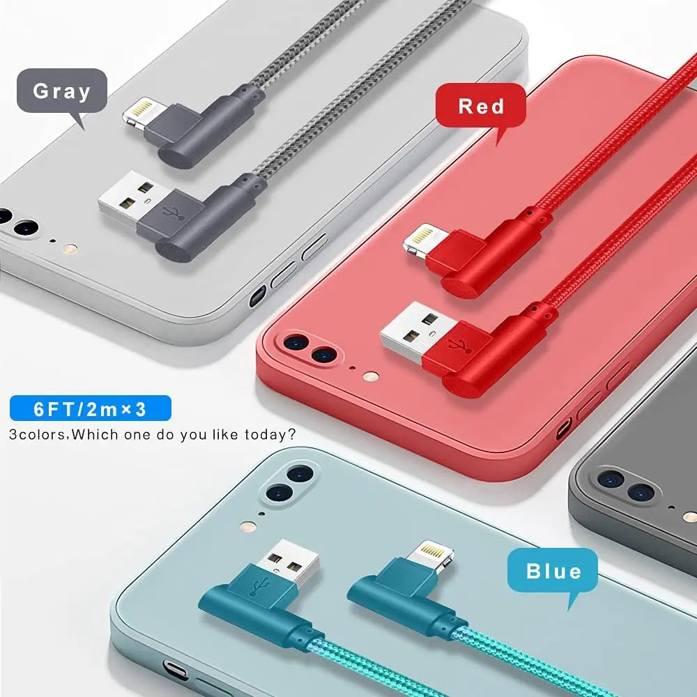 Right Angle Lightning Cable 3-Pack - 90 Degree 6FT Nylon Braided Fast Charging Cord, Compatible with iPhone 14/13/12/11/XS/MAX/X/8/7/6 and Other Electronic Devices, Durable Charging Solution for Gaming and More