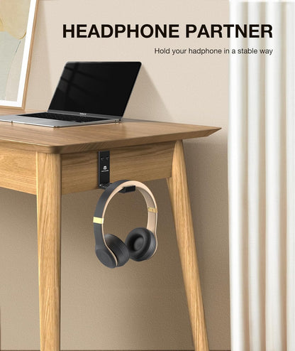 Foldable Headphone Stand and Headset Holder Mount with No-Scratch Silicone Pad Wall Hook for Gaming Headsets, Space-Saving Under Desk Hanger with Strong Adhesive for PC, Home, and Office, Black