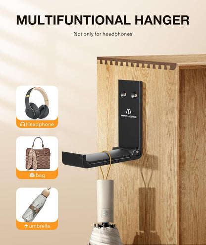 Foldable Headphone Stand and Headset Holder Mount with No-Scratch Silicone Pad Wall Hook for Gaming Headsets, Space-Saving Under Desk Hanger with Strong Adhesive for PC, Home, and Office, Black