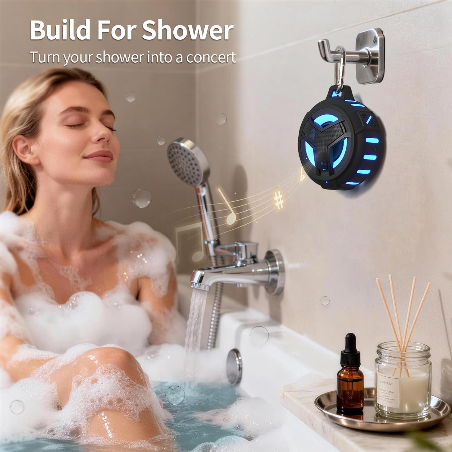 Bluetooth Shower Speaker - Portable IP67 Waterproof Wireless Speaker with LED Light, Floating Design, 2000mAh Battery, True Wireless Stereo for Kayaking and Beach Use - Black