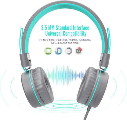 K8 Wired Headphones for Kids with Adjustable Headband and 3.5mm Jack - Foldable On-Ear Headset for School, Travel, and Compatible with Kindle, Tablets, and Cellphones (Dark Gray)