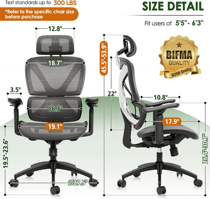 Ergonomic Mesh Office Chair for Big and Tall Users with Lumbar Support, 3D Adjustable Armrests, 215° Rotation, Adjustable Headrest, and Comfortable Seat, Supports Up to 350 lbs, Ideal for Work and Gaming, Grey