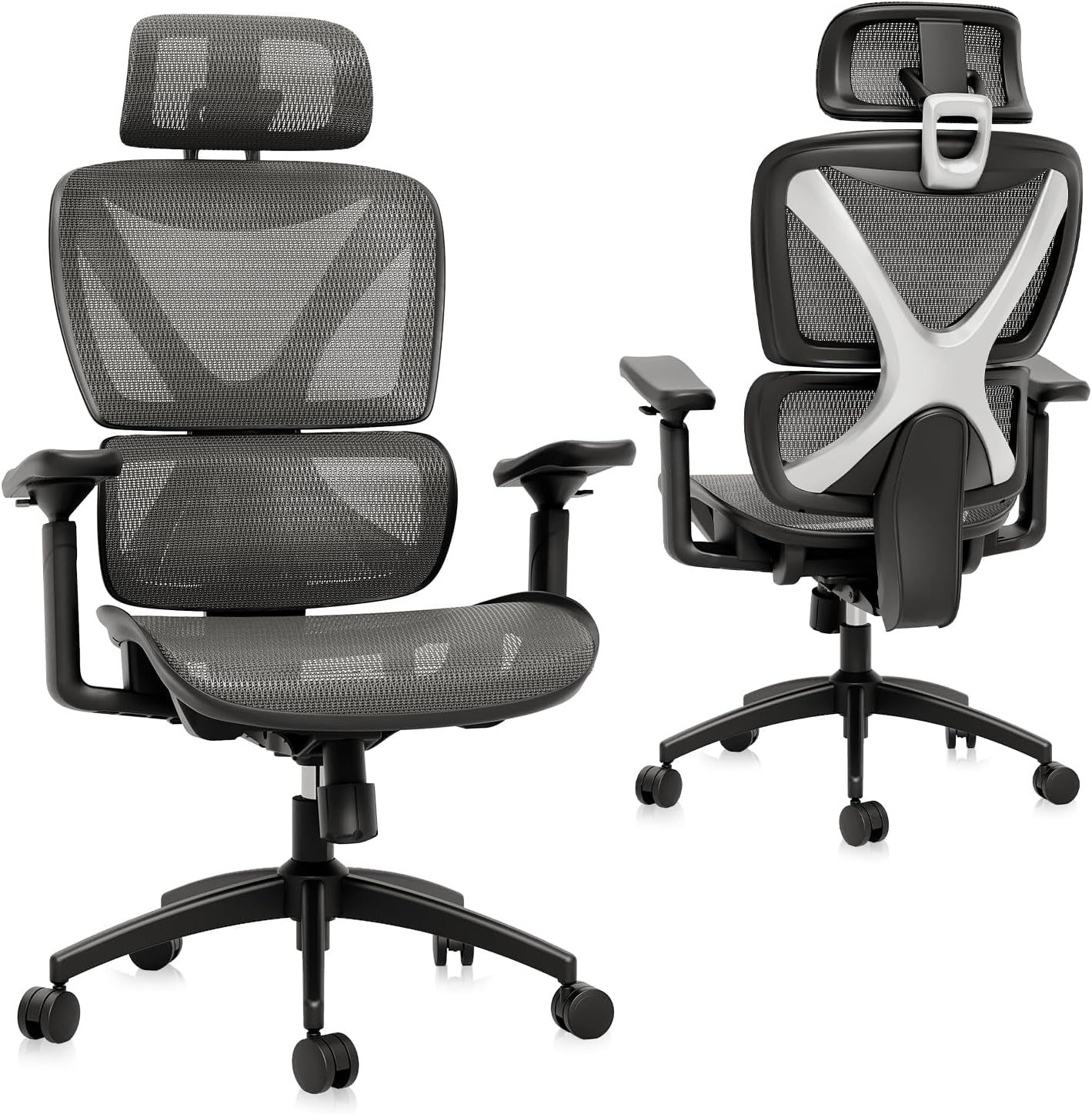 Ergonomic Mesh Office Chair for Big and Tall Users with Lumbar Support, 3D Adjustable Armrests, 215° Rotation, Adjustable Headrest, and Comfortable Seat, Supports Up to 350 lbs, Ideal for Work and Gaming, Grey