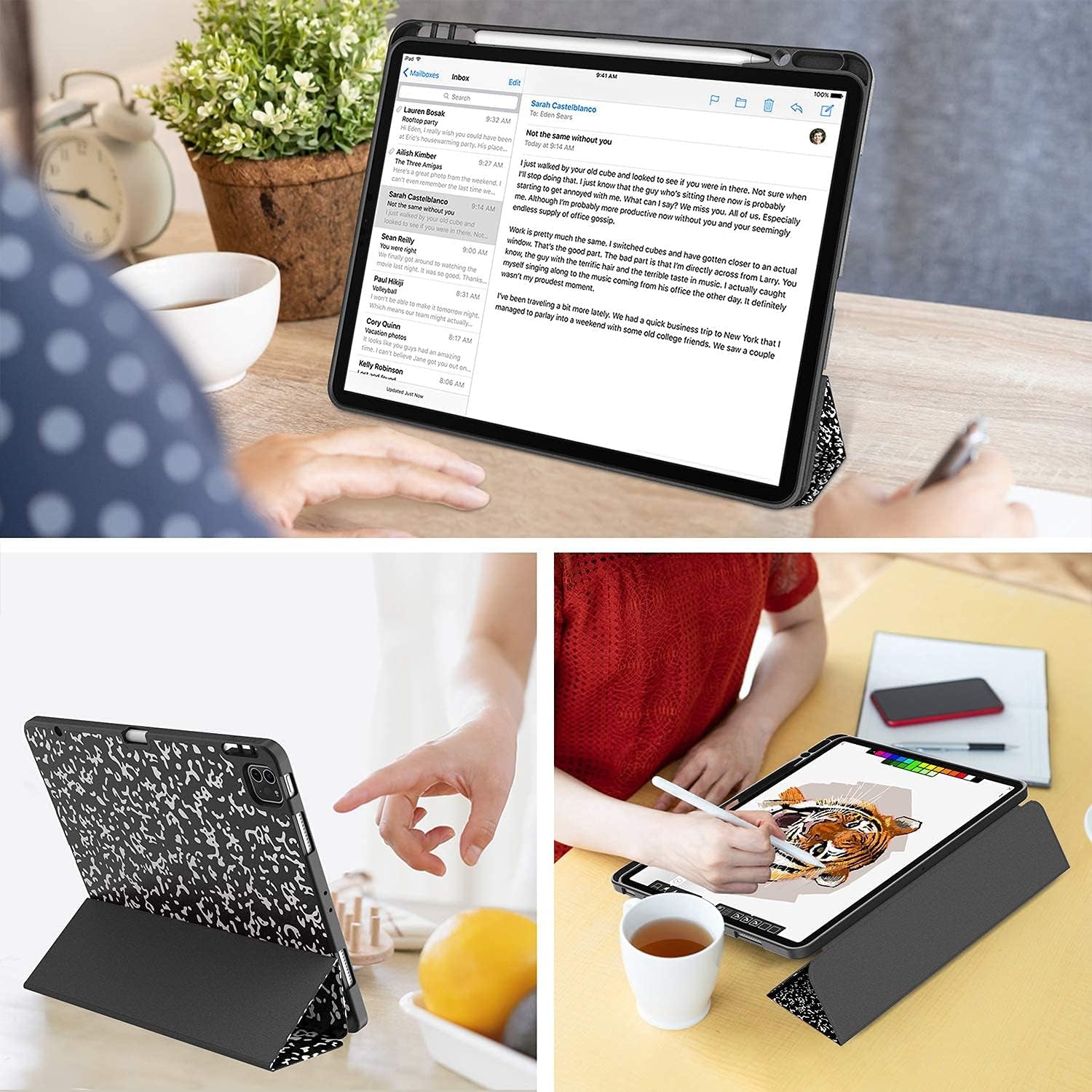 iPad Pro 12.9 Case (2021/2022, 5th/6th Generation) with Pencil Holder, Slim Lightweight Trifold Stand, Soft TPU Back Cover with Pencil Charging and Auto Sleep/Wake Function