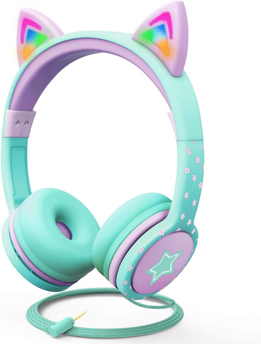 Children's Wired Headphones with LED Cat Ears and 85dB Volume Limit, Soft On-Ear Design with Tangle-Free Cables for iPad/Tablet/School/Travel - Teal/Light Purple