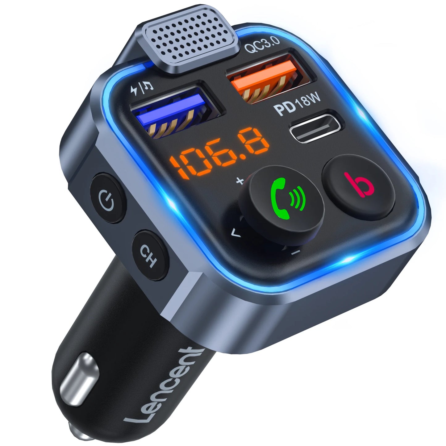 Wireless Bluetooth 5.0 FM Transmitter Car Kit with Type-C PD 20W and QC3.0 Fast USB MP3 Player