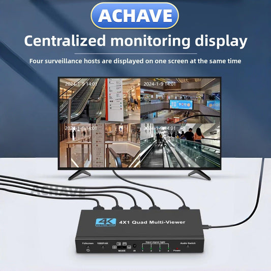 ACHAVE 4x1 HDMI Multiviewer Switch - Quad Multi-Viewer with Seamless Switching, Remote Control, 1080P/4K Resolution, and Five Display Modes for Security and Gaming Applications